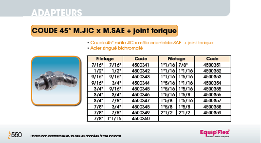 Adaptateur acier inox coude mâle mâle 45° M.JIC X M.SAE plus joint torique