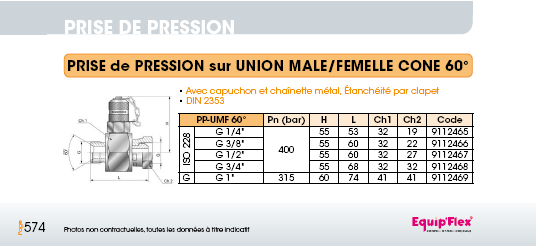 Prise de pression M16 x 2 union mâle femelle 60°